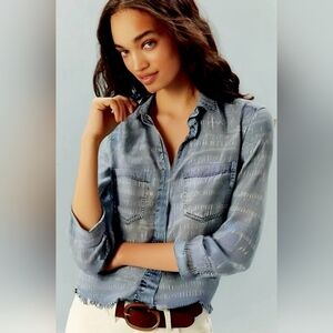 Anthropologie Cloth & Stone Light Blue Chambray Shirt With Stencil Print